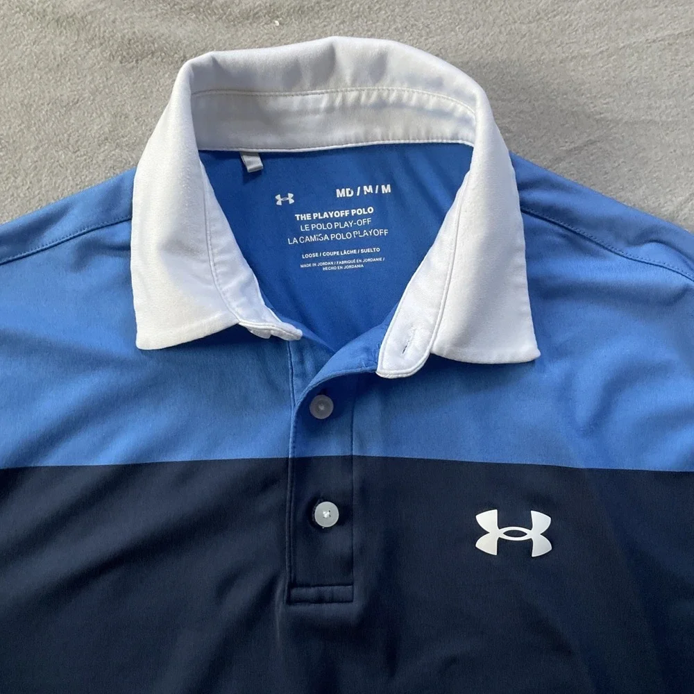 Under Armour Rugby Shirt Mens Medium The Playoff Polo Golf Blue Stripe Blokecore